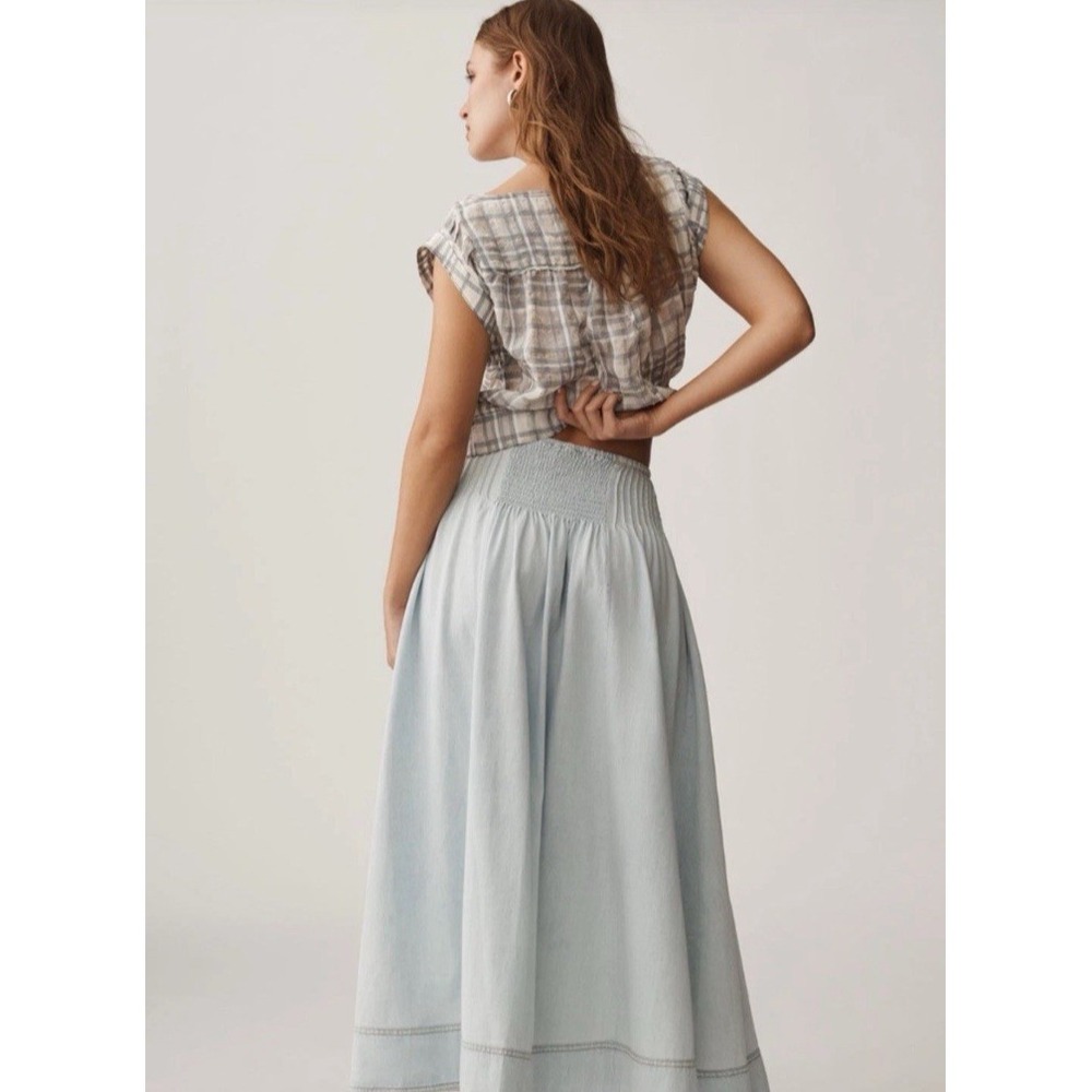Anthropologie Pilcro Pintuck Basque Waist Denim Maxi Skirt Large Boho Western - Picture 2 of 13